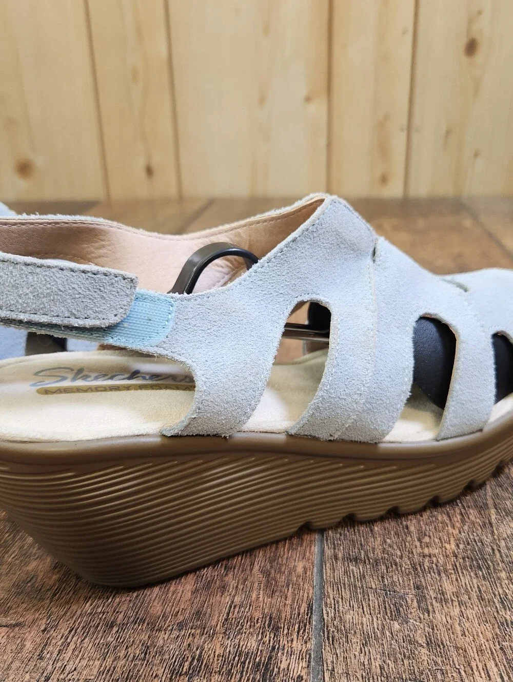 Skechers Parallel Stylin Suede Wedge Peep Toe Casual Comfort Sandals Blue 8.5